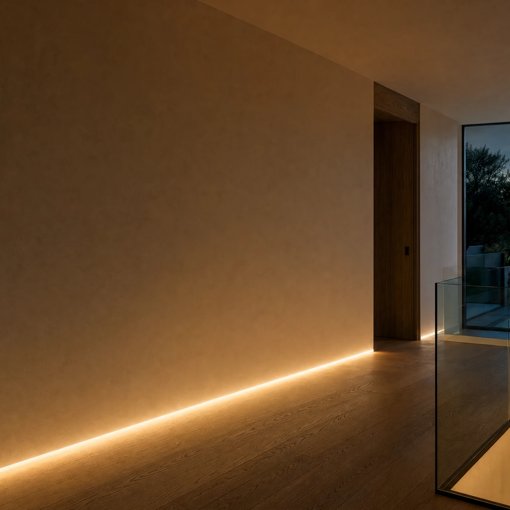 Warm white LED shadow gap lighting along a skirting board in a hallway